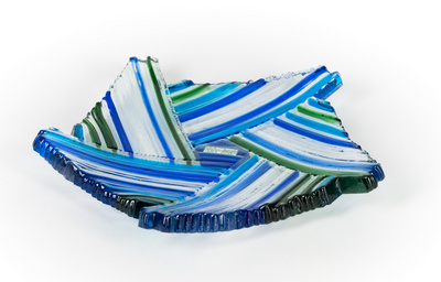 Pentagonal glass bowl with blue-green stripes 25 x 25 cm (W x D)